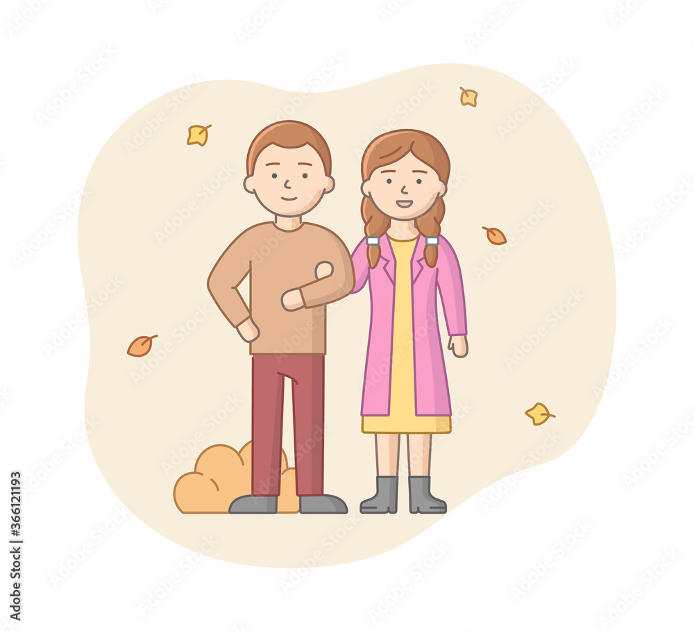 Autumn Concept. Man And Woman In Warm Clothes Walking In The Park And Enjoy Autumn Beautiful Weather. Cheerful Young Couple Standing Together. Cartoon Linear Outline Flat Style Vector Illustration Autumn Concept. Man And Woman In Warm Clothes Walking In The Park And Enjoy Autumn Beautiful Weather. Cheerful Young Couple Standing Together. Cartoon Linear Outline Flat Style Vector Illustration