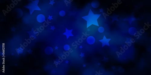 Dark BLUE vector background with circles, stars. Abstract design in gradient style with bubbles, stars. Template for business cards, websites.