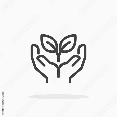 Hands holding plant icon in line style. Editable stroke.