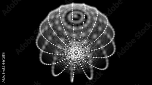 A luminous space sphere. White glowing dots and line composition on a black background. 3D rendering.