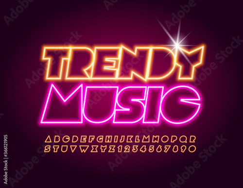 Vector bright banner Trendy Music. Creative Neon Font. Illuminated glowing Alphabet Letters and Numbers