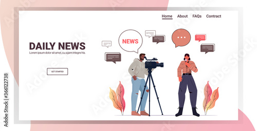 male operator with female reporter presenting live news journalist and cameraman doing report together movie making concept horizontal copy space vector illustration