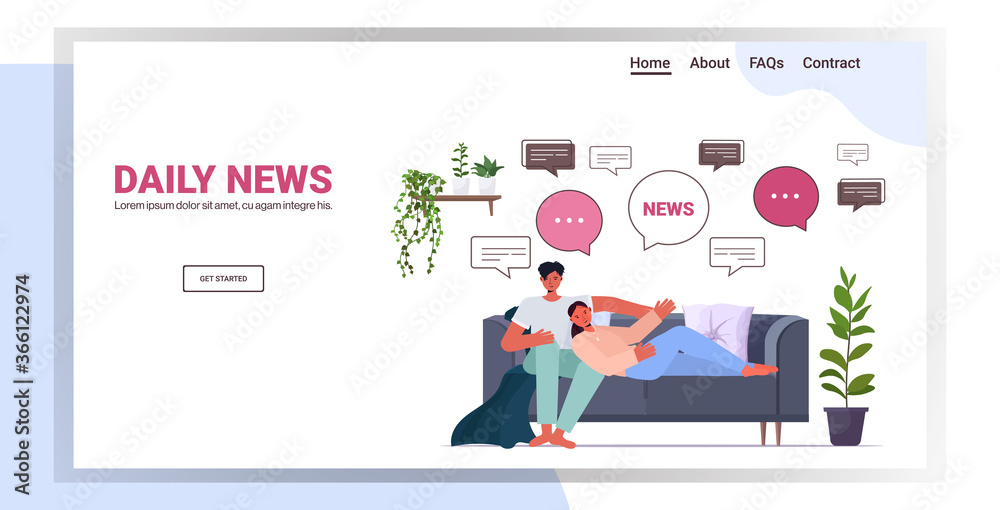 couple relaxing on sofa discussing daily news chat bubble communication concept man woman spending time together at home horizontal full length copy space vector illustration
