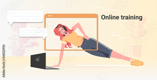 young woman doing yoga fitness exercises online training healthy lifestyle concept girl watching tutorials on laptop horizontal copy space vector illustration