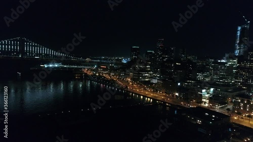 Aerial towards downtown buildings San Francisco, Bay Bridge in background