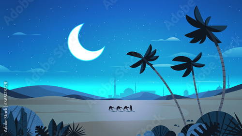 caravan of camels going through night desert eid mubarak greeting card ramadan kareem template arabic landscape horizontal full length vector illustration