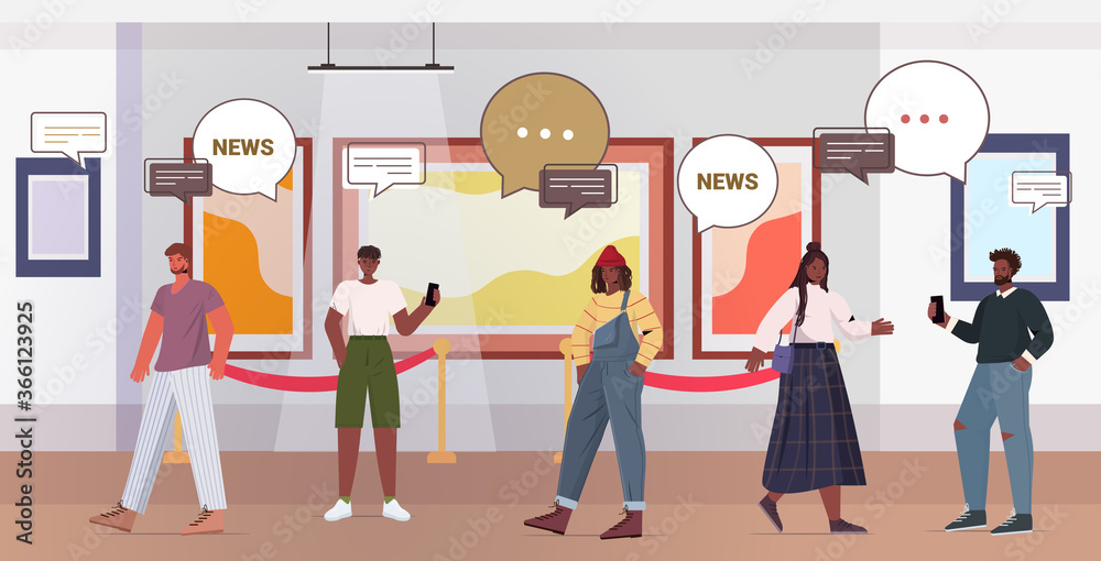 Fototapeta premium people discussing daily news during meeting in art gallery chat bubble communication concept mix race visitors viewing exhibits in museum full length horizontal vector illustration