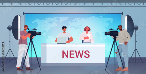 presenters broadcasting with cameramen on television people discussing daily news at modern tv studio horizontal full length vector illustration