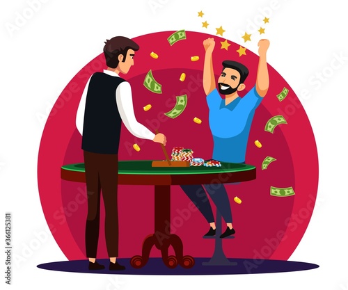 Smiling man winning money at poker table