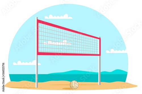 Beach volleyball scene. Net and ball, place for playing
