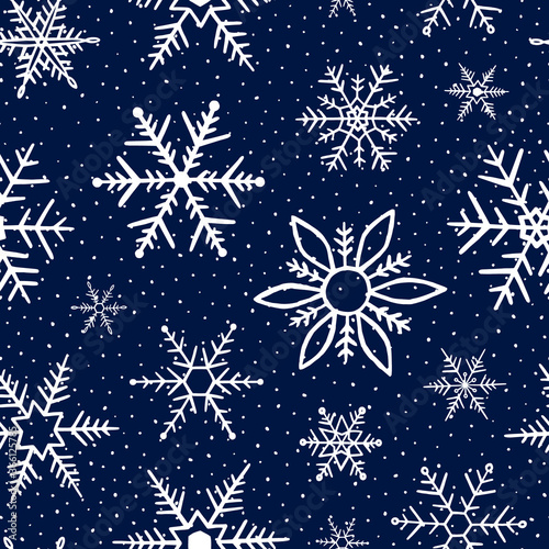 Falling snowflakes on blue background. Seamless pattern snowflake. Design texture winter season for prints. Handdrawn snowflakes. Repeat snow flakes. Snowflake in doodle style. Vector illustration 