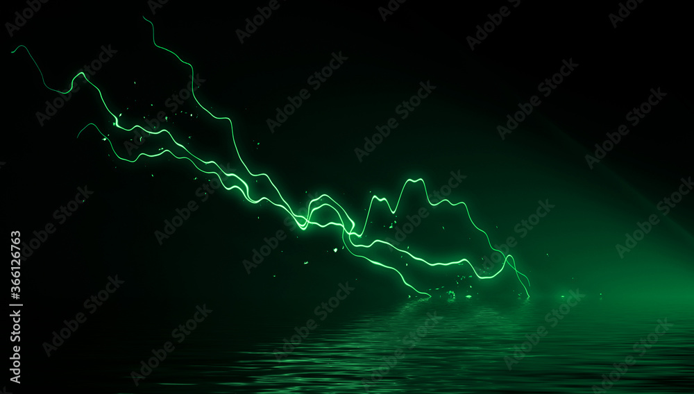 Abstract realistic nature lightning thunder background . Bright curved line on isolated texture overlays. Reflection on water .