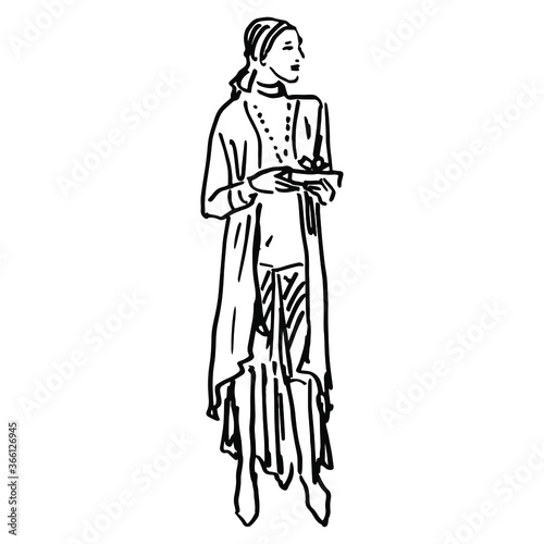 Standing young woman in fancy dress holding gift box. Hand drawn linear sketch. Black and white silhouette.