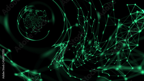 Composition of spheres and green curved lines, dots on a black background. Futuristic space composition. 3D rendering.