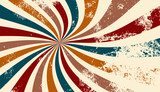 retro groovy sunburst background pattern in 60s hippy style grunge textured vintage color palette of blue orange red beige and brown in spiral or swirled radial striped starburst vector design