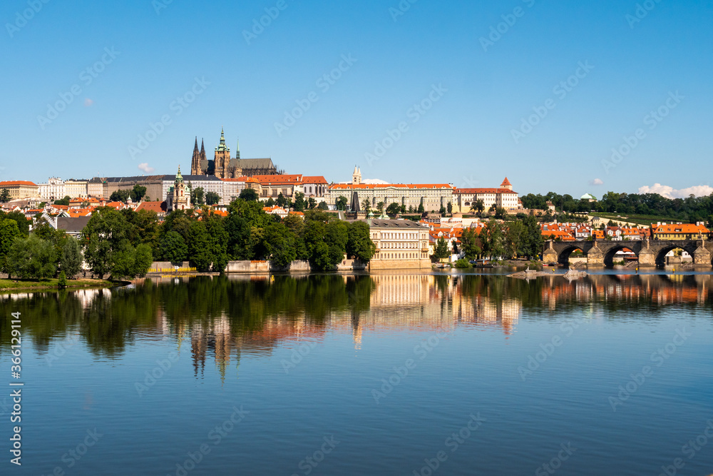Prague Castle and Saint Vitus Cathedral on River Vltava with Charles Bridge