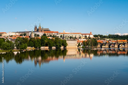 Prague Castle and Saint Vitus Cathedral on River Vltava with Charles Bridge