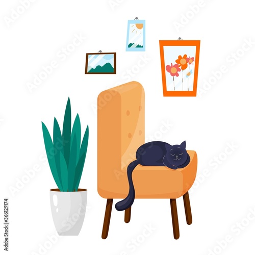 Cat lying on armchair ina living room, green house plant, pictures on the wall. Vector illustration.