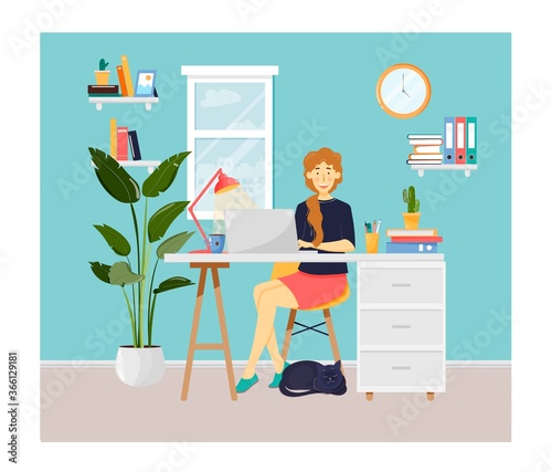 Freelancer, young woman working with laptop at the desk at home. Vector illustration. Apartment interior with chair, plants, desk. coffee cup, documents, shelves, cat, clock. Home office