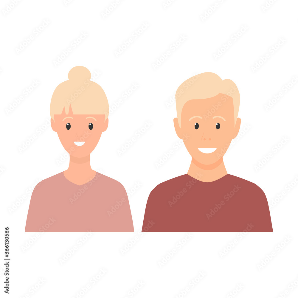 Happy young man and woman standing together. Lovely mature couple. Blond family flat illustration. Sister and brother vector isolated on white background. Romantic concept. Wife and husband smiling. Happy young man and woman standing together. Lovely mature couple. Blond family flat illustration. Sister and brother vector isolated on white background. Romantic concept. Wife and husband smiling.