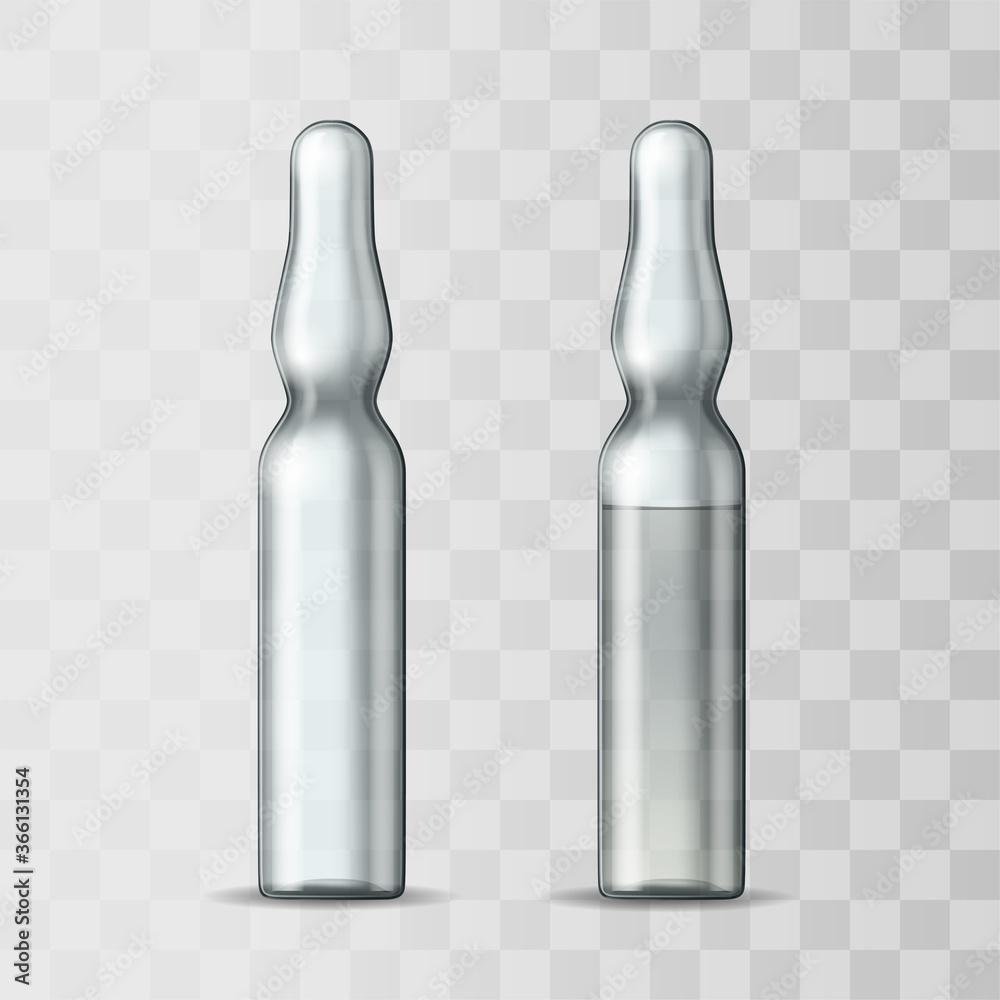 Empty transparent glass ampule and ampule with vaccine or drug for medical treatment. Empty transparent glass ampule and ampule with vaccine or drug for medical treatment.