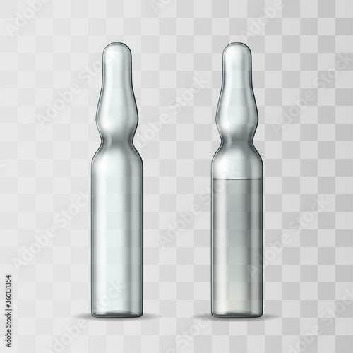 Empty transparent glass ampule and ampule with vaccine or drug for medical treatment.