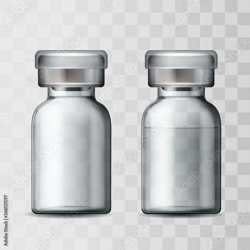 Template of transparent glass medical vial with aluminium cap.
