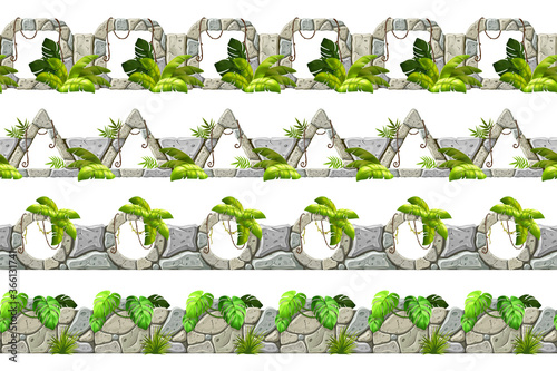 Set of seamless old gray border with liana branches and tropical leaves. Vector stone sidewalks for computer games isolated on white background.