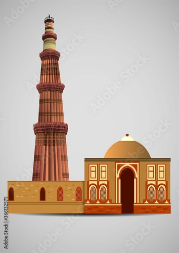 front view of Qutub Minar New Delhi, India, The tallest minaret in India is a marble and red sandstone tower that represents the beginning of Muslim rule in the country. vector illustration.