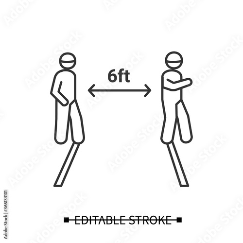 Social distance icon. People keeping 6 ft apart for covid infection prevention line pictogram. Concept of personal safety instruction during corona virus outbreak. Editable stroke vector illustration