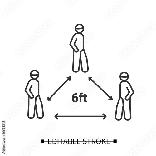 Social distance icon. People keeping six ft apart triangle line pictogram. Concept of corona virus pandemic precaution and safety measures. Editable stroke vector illustration for public information