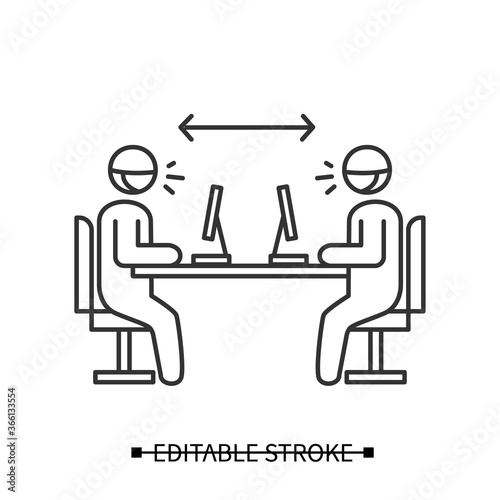 Office distance icon. Coughing office workers line pictogram. Concept of covid infection prevention, openspace and coworking social distancing instruction. Editable stroke vector illustration