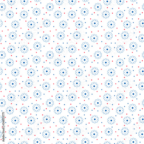 Scandinavian flowers. Arline seamless pattern.Randomly arranged flowers of red and blue. Vector illustration on isolated white background in Nordic style.For textile,paper,packaging,cover,wallpaper