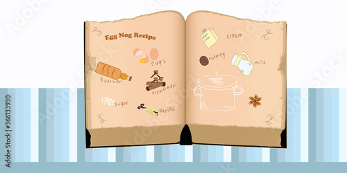 Christmas Hot Drink - Old Recipe Book, Egg Nog Ingredients - Freehand Drawing - Vector