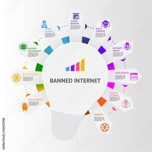 Infographic Banned Internet template. Icons in different colors. Include Black Market, Web Terrorism, Hacking Technology, Cyber Hitman and others.