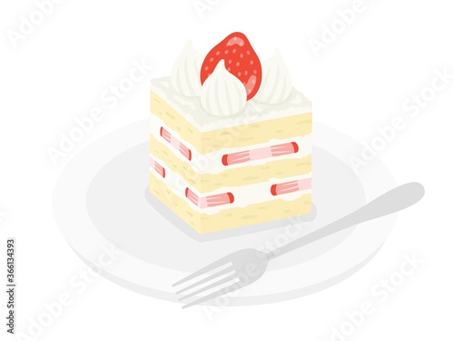 皿にのせたイチゴのショートケーキのイラスト