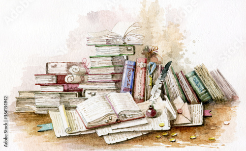 Old library. Old books, folios, and scrolls. Books drawn in watercolor on paper. Ancient manuscript. An open book on the table. Beautiful illustration with ancient books and scrolls.