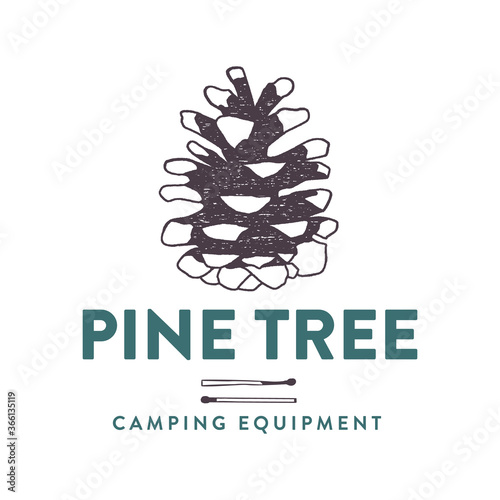 Camping adventure logo emblem illustration design. Vintage Outdoor label with pine cone, matches elements and text - Pine Tree, camping equipment. Unusual linear hipster style sticker. Stock vector.