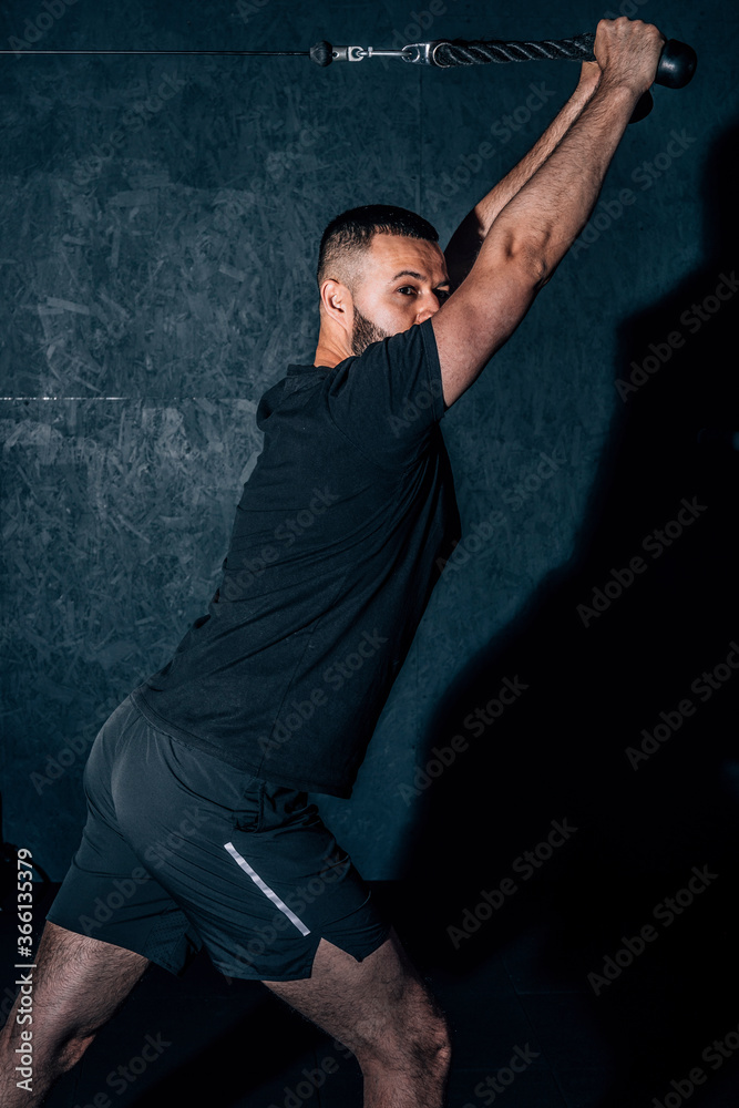 Bearded man doing exercise for triceps in the gym. Handsome strong sportsman training in gym and doing pull-ups. Bearded man doing exercise for triceps in the gym. Handsome strong sportsman training in gym and doing pull-ups.