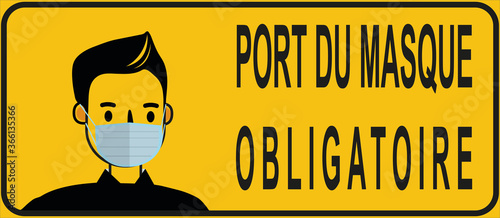 affiche pour le port du masque obligatoire en noir avec un être humain portant un masque sur un fond jaune
