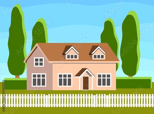 one storey country house flat illustration. cottage with lawn and trees