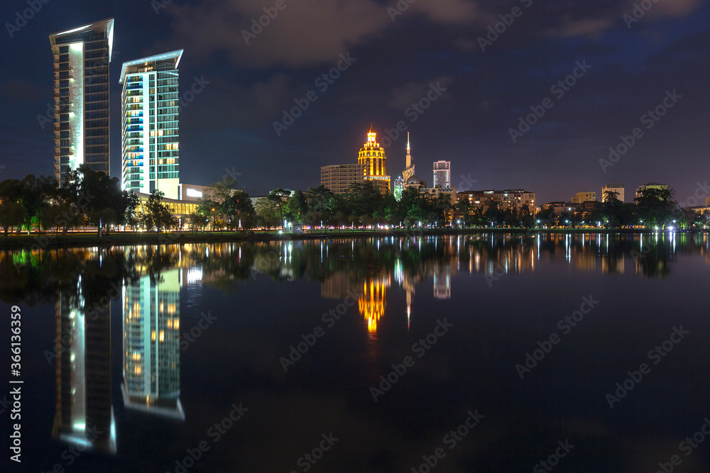 Skyline of Batumi and its reflections in water, Georgia, Caucasus