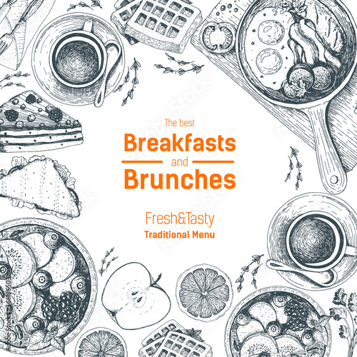 Breakfasts and brunches top view card. Food menu design. Vintage hand drawn sketch vector illustration. Frame design.