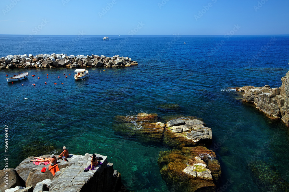 Ligurian Mediterranean coast near Riomaggiore, Italy, Europe