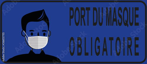 affiche pour le port du masque obligatoire en noir avec un être humain portant un masque sur un fond bleu 