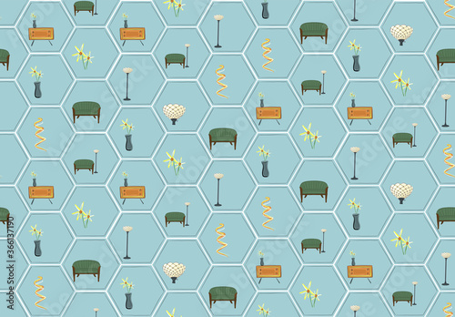 Cute seamless pattern. Vintage furniture against baby blue shapes.
