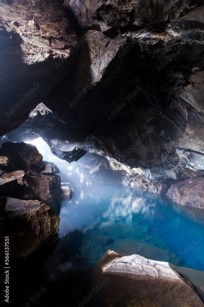 Grjótagjá, small lava cave near lake Mývatn with a thermal spring inside. Myvatn, North Iceland, Iceland, Europe