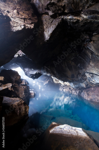 Grjótagjá, small lava cave near lake Mývatn with a thermal spring inside. Myvatn, North Iceland, Iceland, Europe