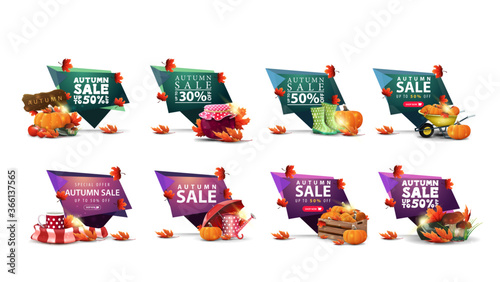Autumn sale, large collection of modern discount banners in abstract forms, buttons and autumn elements. Green and pink geometrical autumn discount banners isolated on white background