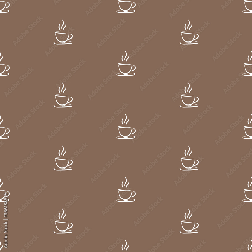 Coffee cup hand drawn pattern. Seamless vector illustration isolated on brown background.